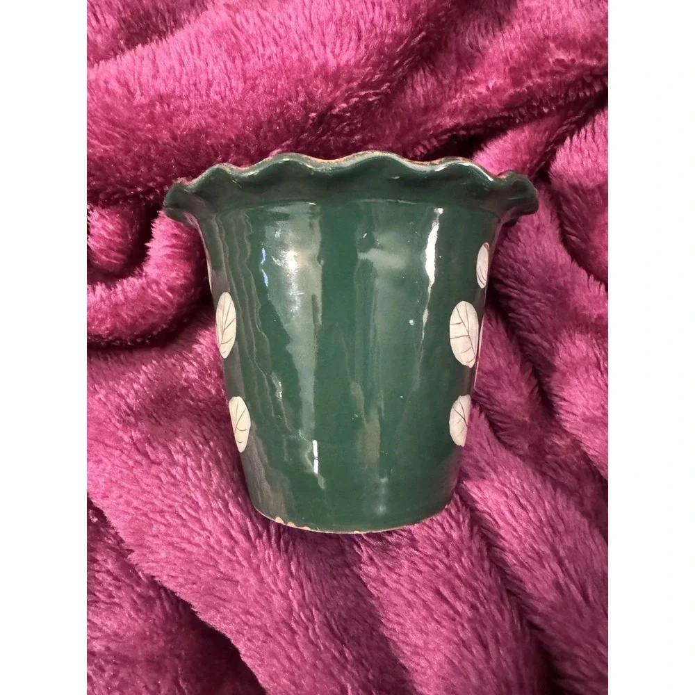 Vintage Italy Hand Painted Emerald Green Plant Pot Floral Decor 383/660